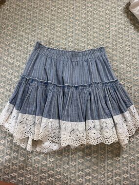 Misa Los Angeles Blue Denim Tiered Skirt with White Eyelet Hem